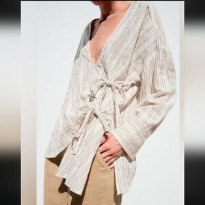 Zara Cotton Oversized Stripe Tie Wrap Shirt Blouse Lagenlook Contemporary Artsy